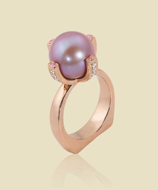 18K Rose Gold Ring with Pink Pearl Pink Sapphires and Diamonds