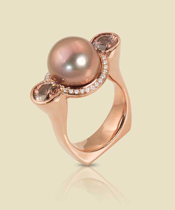 18K Rose Gold Ring with Rose Colored Pearl and 299ct Zircons with 50ct Diamonds