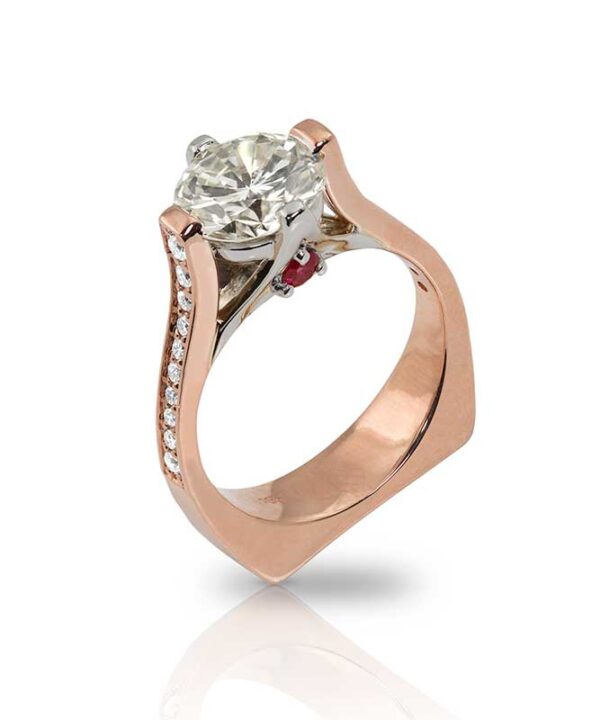 18K Rose and White Gold Ring with 202ct Round Diamond and Ruby with Diamond Melee WBG