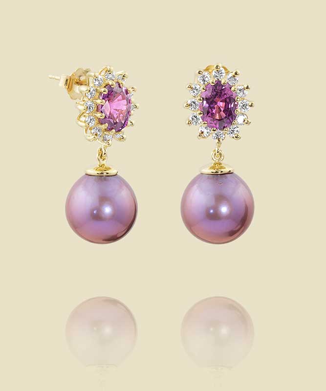 18K Yellow Gold Earrings with Sapphires Diamonds and Lavender Pearls