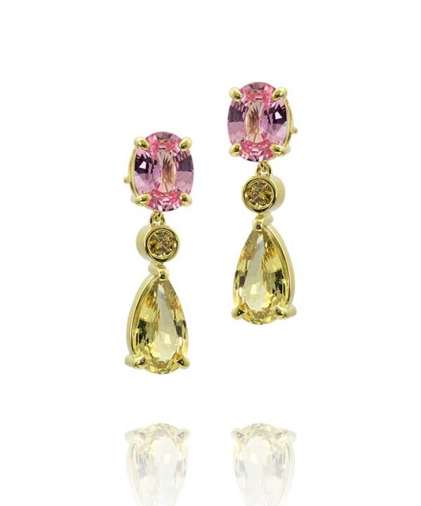 18K Yellow Gold Pink and Yellow Sapphire 548ct Earrings with Yellow Diamonds 15ct