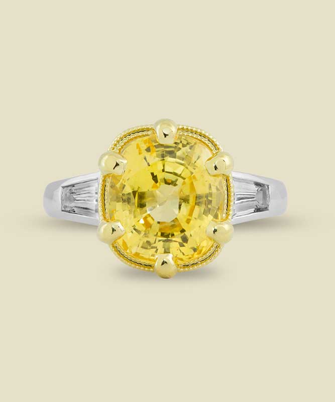 20 Natural Color Yellow Sapphire 585ct with Tapered Baguette Diamonds 060ct in 18K White and Yellow Gold