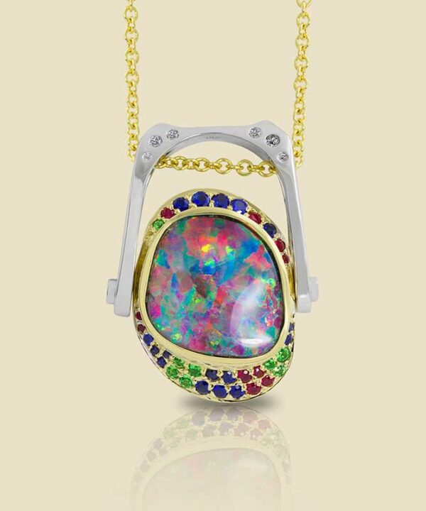 Boulder Opal 1026ct with Ruby Sapphire and Tsavorite Accents in 18kt Yellow and White Gold Pendant