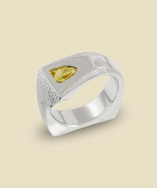 Kite Shaped Yellow Sapphire 135ct in 18kt White Gold Gents Ring
