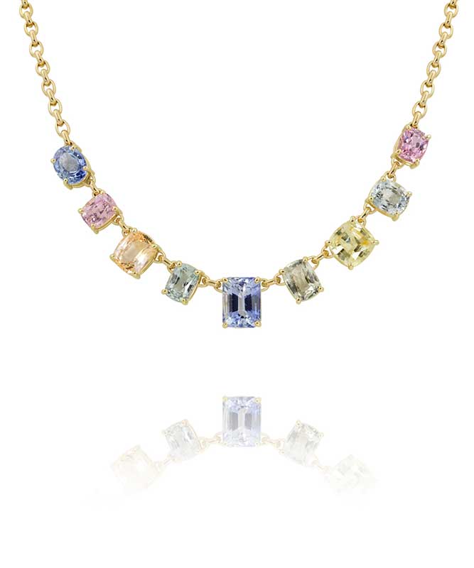 Natural Multi Colored Sapphire Necklace in 18K Yellow Gold