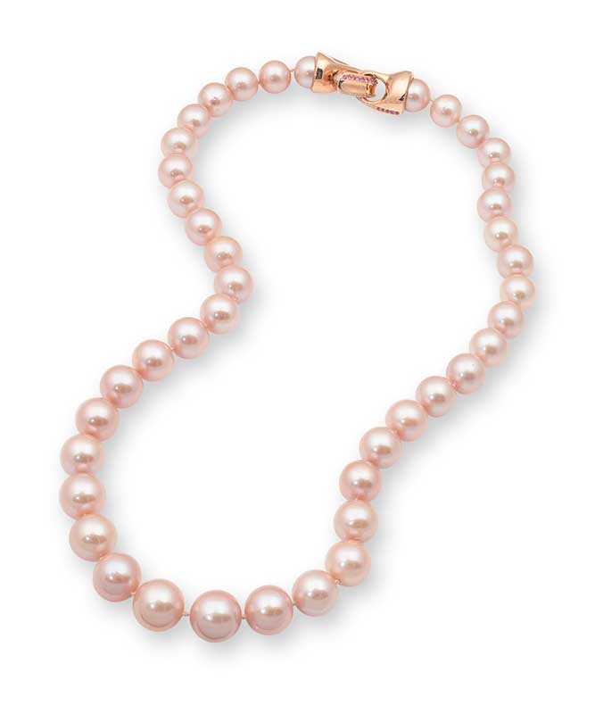 Pink Pearl Necklace with 18K Rose Gold and Diamond with Pink Sapphire Clasp