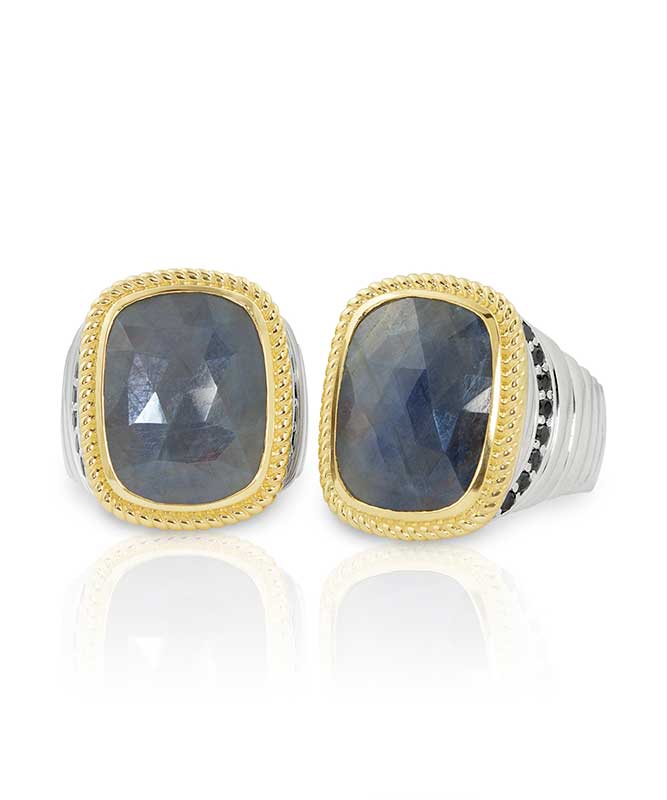 Sterling Silver Rings with 18K Yellow Gold and 1392ct and 1453ct Sapphires and 43ct and 44ct Black Diamonds WBG