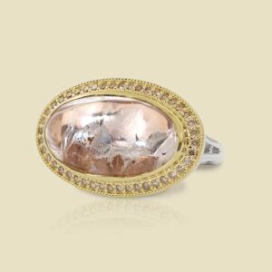 Sterling Silver and 18K Yellow Gold Ring with Oval Quartz and Coffee Diamonds