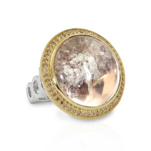 Sterling Silver and 18K Yellow Gold Ring with Round Quartz and Coffee Diamonds WBG