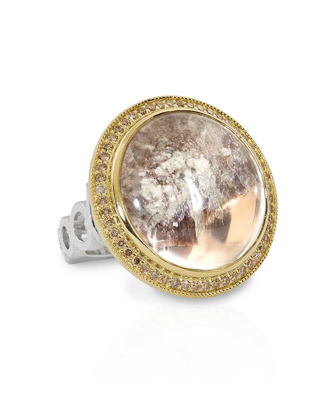 Sterling Silver and 18K Yellow Gold Ring with Round Quartz and Coffee Diamonds WBG