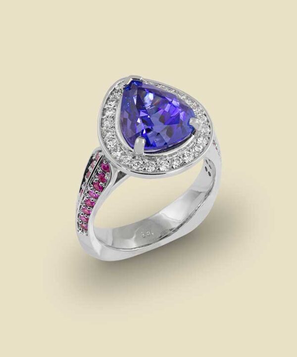 Tanzanite 419ct with Pink Sapphires and Colorless Diamonds in 18kt White Gold Limited Edition
