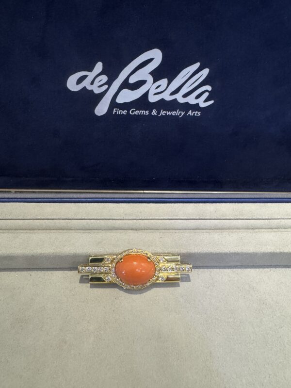 18k Gold Coral & Diamond Zia symbol brooch