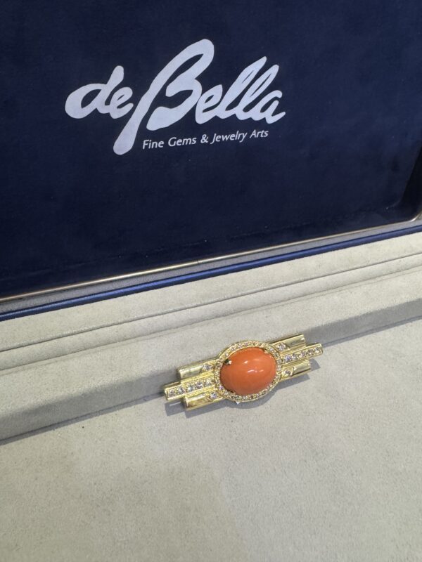 18k Gold Coral & Diamond Zia symbol brooch